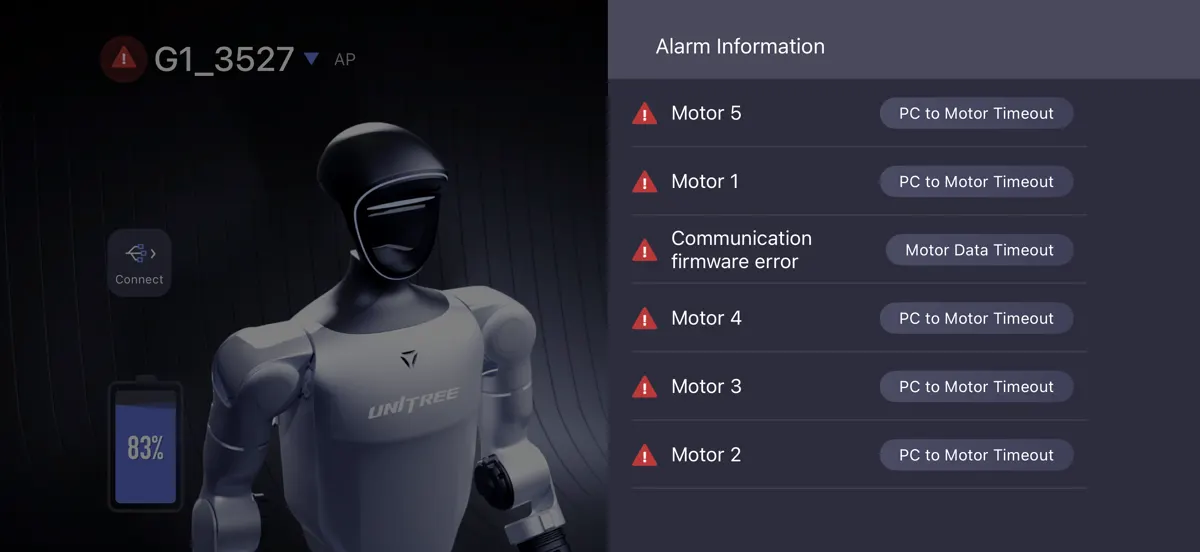 Unitree app alarm list showing PC to Motor Timeout on motors 1 to 5 and a communication firmware error